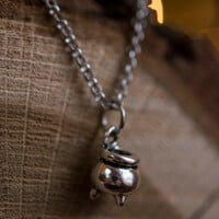 Halloween Wizard Pendant Necklace – Silver Witch’s Cauldron Charm on Water Wave Chain - Thumbnail 2