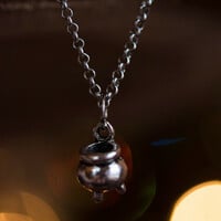 Halloween Wizard Pendant Necklace – Silver Witch’s Cauldron Charm on Water Wave Chain - Thumbnail 3