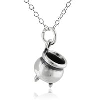 Halloween Wizard Pendant Necklace – Silver Witch’s Cauldron Charm on Water Wave Chain - Thumbnail 4