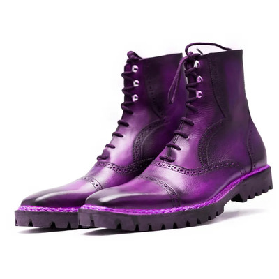 Crafted leather handmade men classic purple leather norwegian welted ankle high commando boot