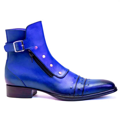Crafted leather handmade men classic blue leather jodhpur boot with zipper and button