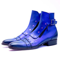 Crafted Leather Handmade Men Classic Blue Leather Jodhpur Boot with Zipper and Button - Thumbnail 2