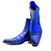 Crafted Leather Handmade Men Classic Blue Leather Jodhpur Boot with Zipper and Button - Thumbnail 4