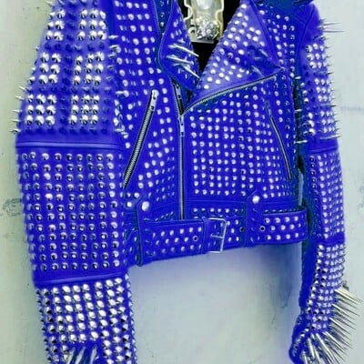 Crafted leather women classy blue leather studded jacket with silver studs and spikes - Thumbnail 3