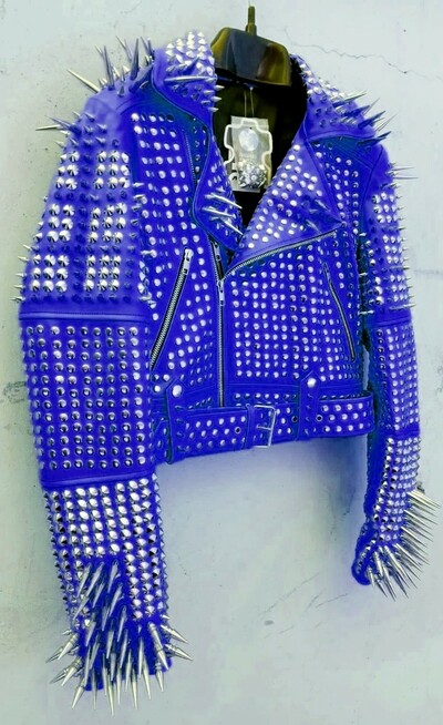 Crafted Leather Women Classy Blue Leather Studded Jacket with Silver Studs and Spikes
