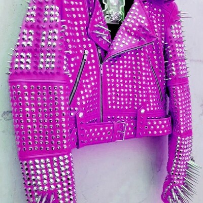 Crafted leather women classy pink leather studded jacket with silver studs and spikes - Thumbnail 3