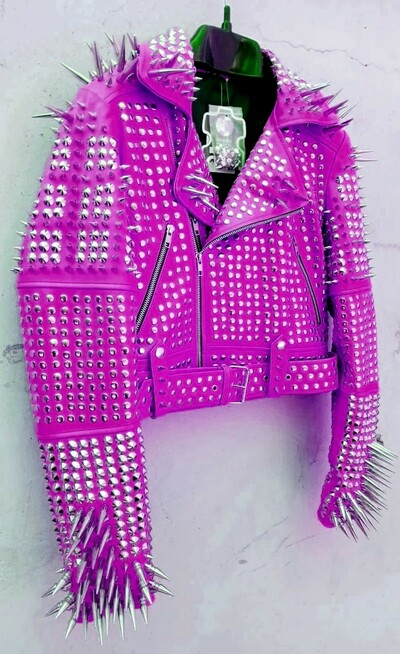Crafted Leather Women Classy Pink Leather Studded Jacket with Silver Studs and Spikes