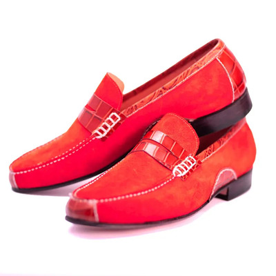 Crafted leather handmade men red suede crocodile/alligator strap leather dress shoes