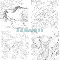 Coloring Book - 110 Animals Full Page Coloring Book, Printable , Grayscale Coloring Book for Adult Kids, Cute Life Animals - Thumbnail 1