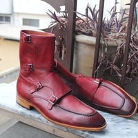 Crafted Leather Handmade Burgundy Leather Buckle Strap Ankle High Boot - Thumbnail 1