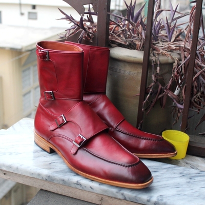 Crafted leather handmade burgundy leather buckle strap ankle high boot - Thumbnail 1