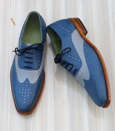 Crafted Leather Classic Men Blue Gray Unique Oxford Dress Shoes