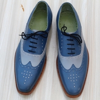Crafted Leather Classic Men Blue Gray Unique Oxford Dress Shoes - Thumbnail 2