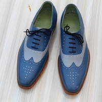Crafted Leather Classic Men Blue Gray Unique Oxford Dress Shoes - Thumbnail 1