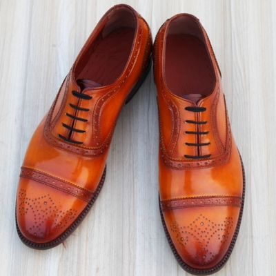 Crafted leather classic tan patina leather lace up dress shoes - Thumbnail 4