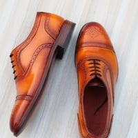 Crafted Leather Classic Tan Patina Leather Lace up Dress Shoes - Thumbnail 5