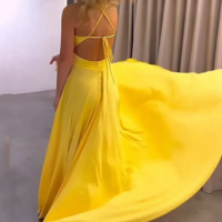 Fashion Elegant Yellow V Neck Lace Up Slits Prom Dress  - Thumbnail 1