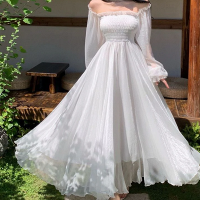 Beautiful white tulle long sleeve fairy prom dress