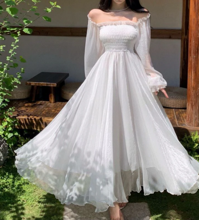 Beautiful White Tulle Long Sleeve Fairy Prom Dress