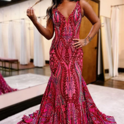 Gorgeous mermaid v neck sequins prom dresses