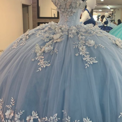 Ball gown blue a-line lace prom dress evening dress