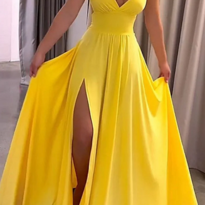 Fashion elegant yellow v neck lace up slits prom dress 