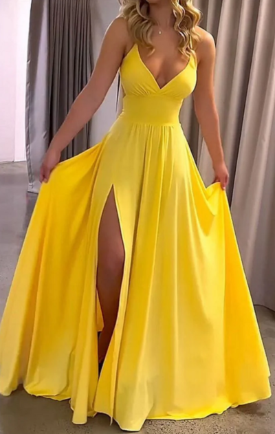 Fashion Elegant Yellow V Neck Lace Up Slits Prom Dress 