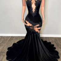 Sexy Black Mermaid Velvet Prom Dress With Lace Applique  - Thumbnail 1