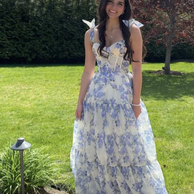 A-line floral pattern chiffon prom dresses