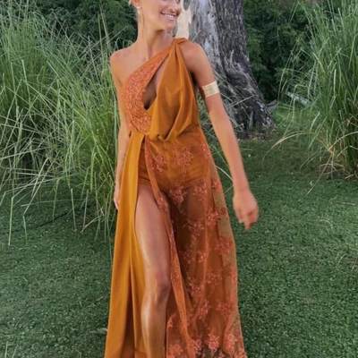 Chic one shoulder yellow lace prom dress with split