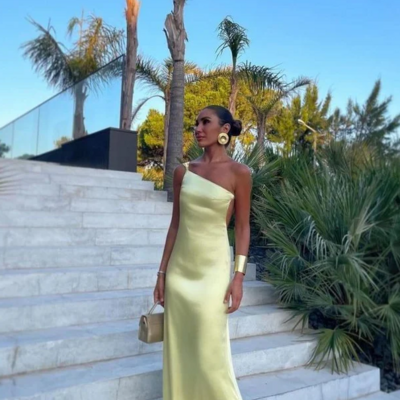 Floor length yellow one shoulder prom dresses, evening dress - Thumbnail 1
