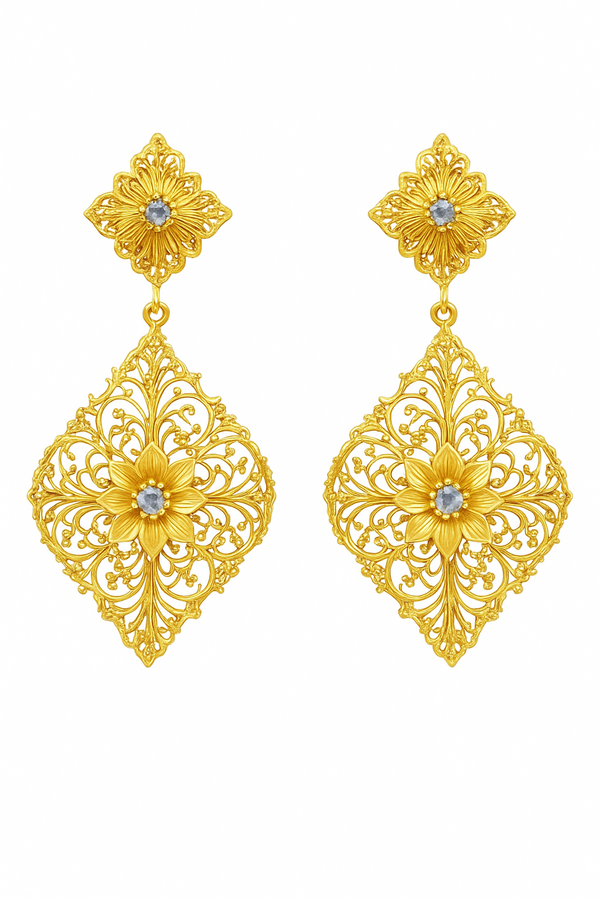 Turkish Designer Handmade Earrings – Blue Topaz Gemstone, Brass with 18K Gold Plating