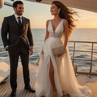 Simple Wedding Dress, Sexy V Neck Beach Boho Bridal Dress Bridal Gown - Thumbnail 1