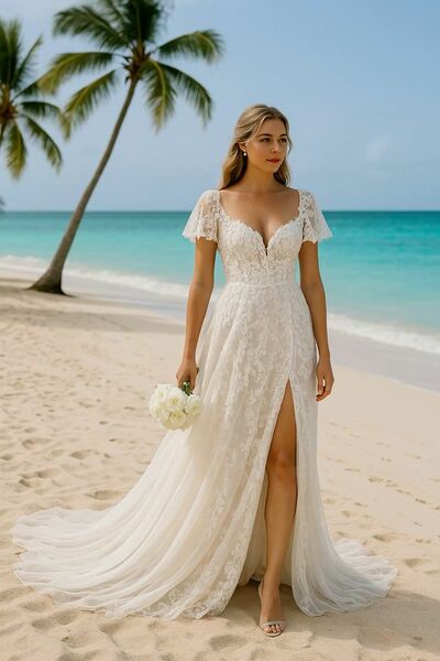 Simple Wedding Dress, Sexy Lace Appliques Beach Boho Bridal Dress Bridal Gown