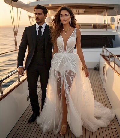 Simple Wedding Dress, Lace V Neck Beach Boho Bridal Dress Bridal Gown