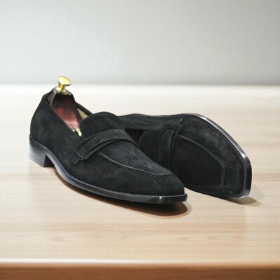 Handmade black suede penny loafer shoes for men's 