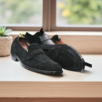 Handmade Black Suede Penny Loafer Shoes For Men's  - Thumbnail 1