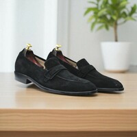 Handmade Black Suede Penny Loafer Shoes For Men's  - Thumbnail 2