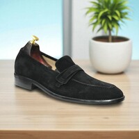 Handmade Black Suede Penny Loafer Shoes For Men's  - Thumbnail 3
