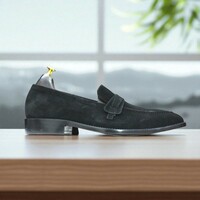 Handmade Black Suede Penny Loafer Shoes For Men's  - Thumbnail 4