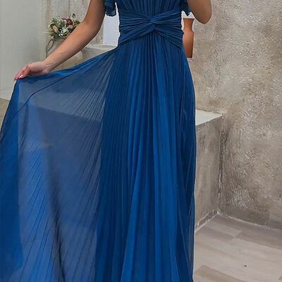 Blue a line prom dresses short sleeve evening gowns formal party gowns
