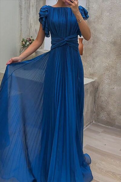 Blue A Line Prom Dresses Short Sleeve Evening Gowns Formal Party Gowns