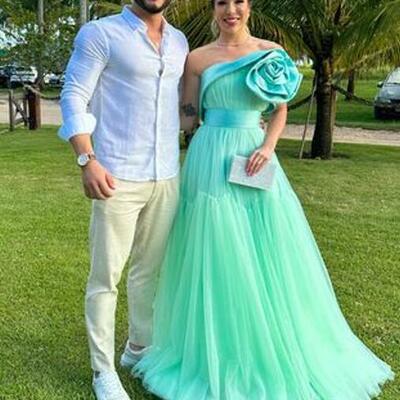 Green a line one shoulder prom dresses evening gowns formal party gowns