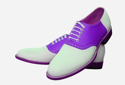 Crafted Leather Handmade Men Classic Purple White Leather Oxford Dress Shoes