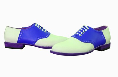Crafted Leather Handmade Men Classic Customize Golf Saddle Lace up Blue White Leather Oxford Dress 