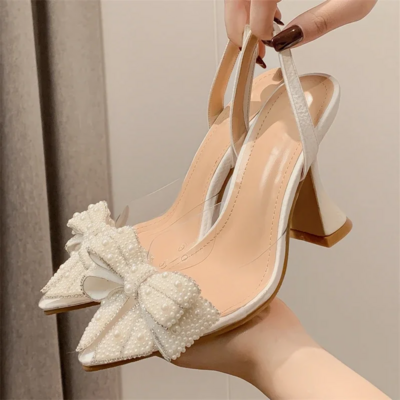  Elegant Beaded Butterfly-Knot Transparent Pearl Pointed Toe High Heels