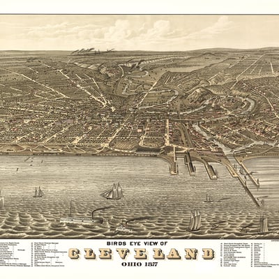 Cleveland, ohio in 1877 - bird's eye view map, aerial, panorama map, vintage map, antique map, reproduction, giclée, framable map, fine art