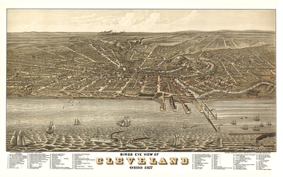 Cleveland, Ohio in 1877 - Bird's Eye View Map, Aerial, Panorama map, Vintage map, Antique map, Reproduction, Giclée, Framable map, Fine Art