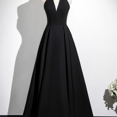 Simple black a-line long prom party dress - Thumbnail 1