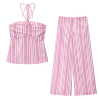 Fashionable halterneck cropped top and casual trousers set - Thumbnail 2